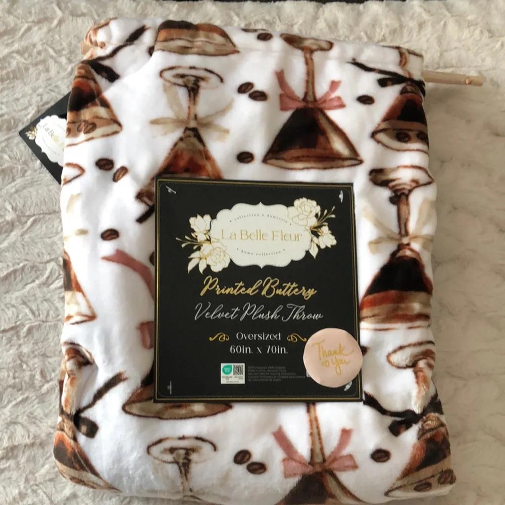 Espresso Martini Plush Throw Blanket - White & Brown Printed